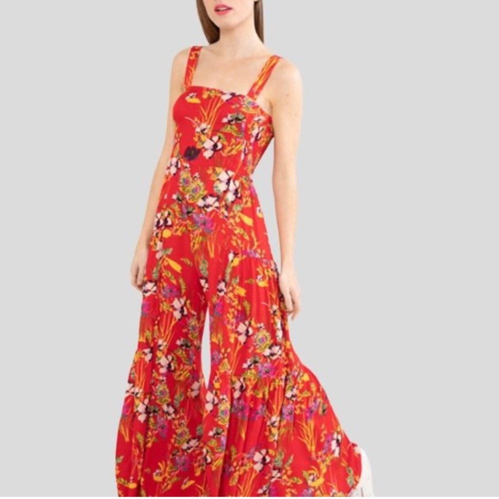 Free People ONE Aloha One Piece Wide Leg Floral Jumpsuit Red Women's Size S